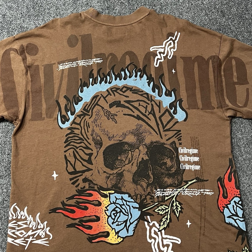 Civil Regime M Brown Graphic T Shirt Oversized Roses From Concrete Skull Flames